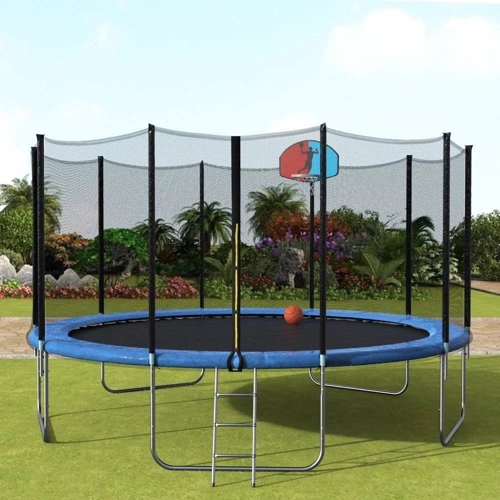 15& Round Trampoline with Safety Enclosure, Basketball Hoop and Ladder C5367
