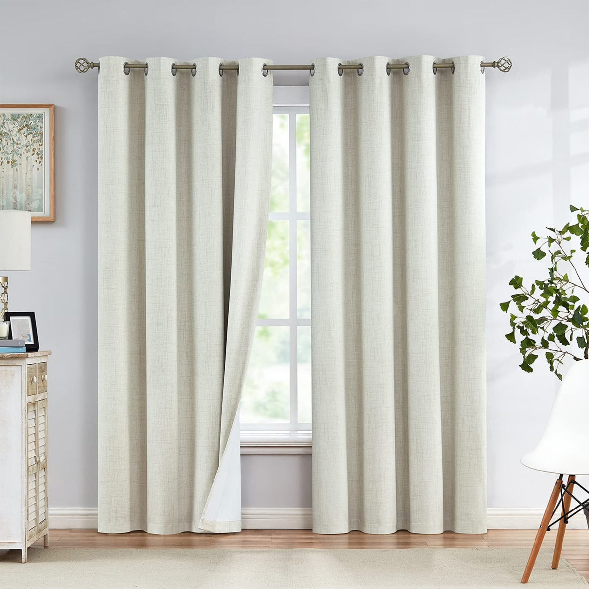 Natural Linen Blackout Curtains 84"Lx52"W Ivory Grommet Top, 2 F209