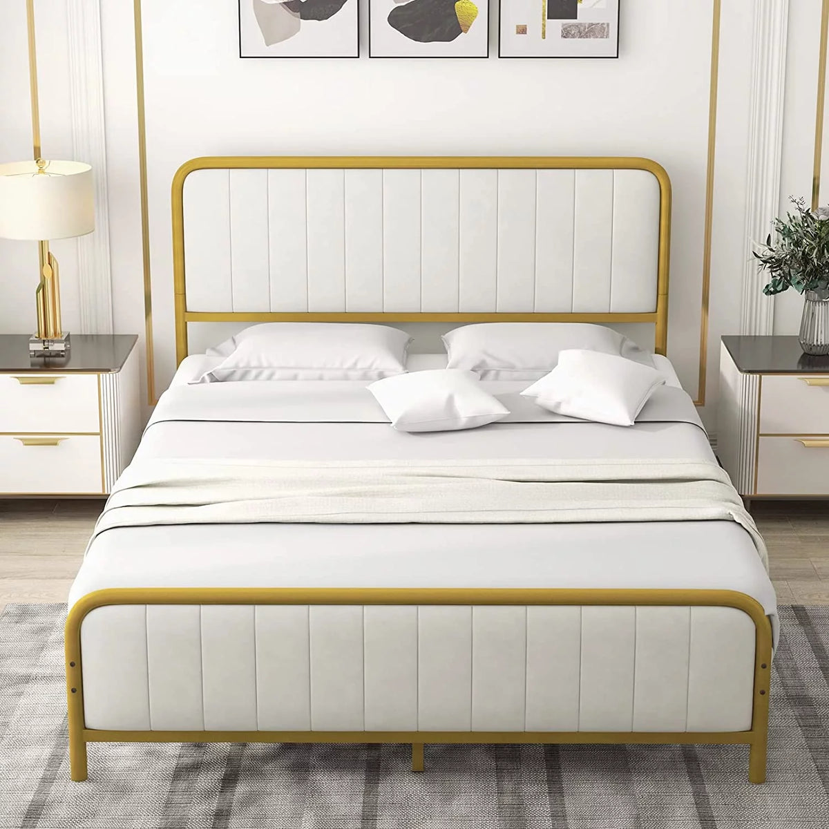 Gold Velvet Upholstered Platform Bed Frame A835950