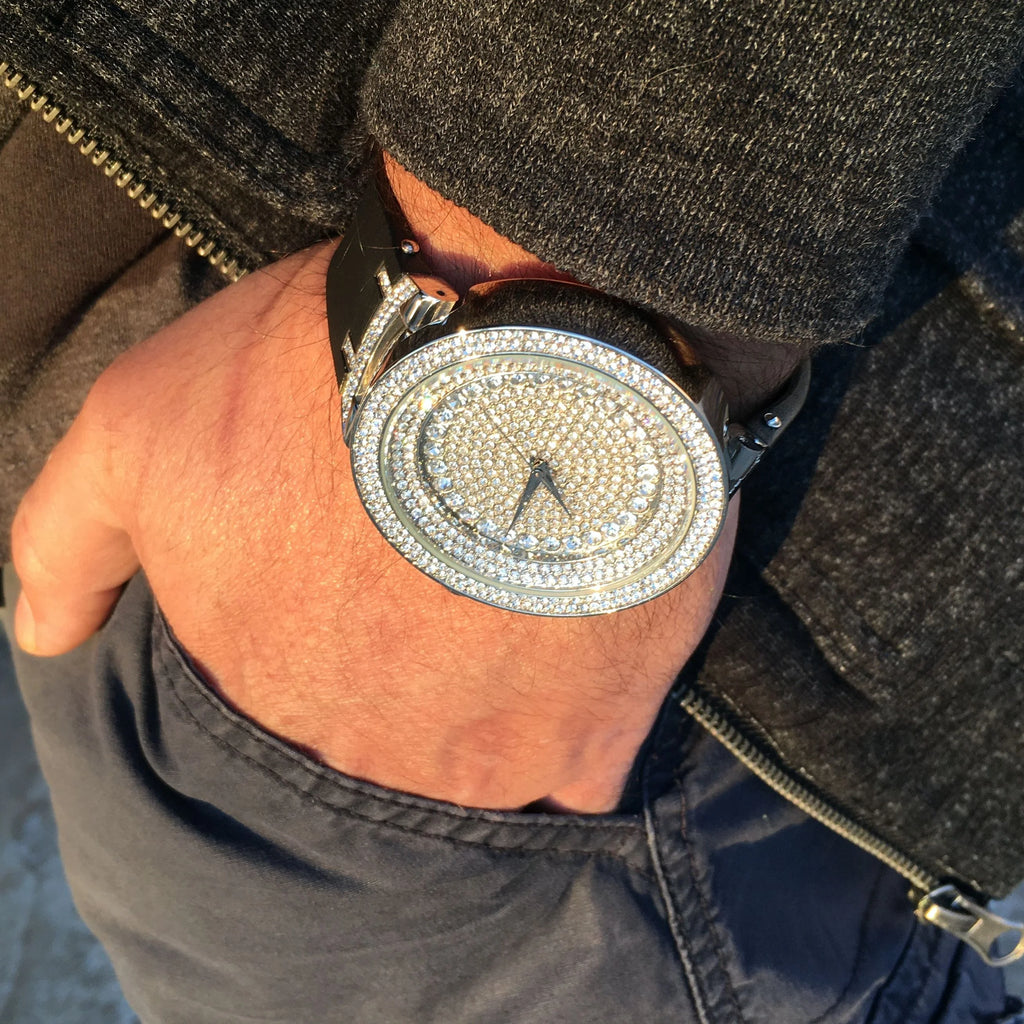 Silver Tone Hip Hop Watch with Black Band P14493