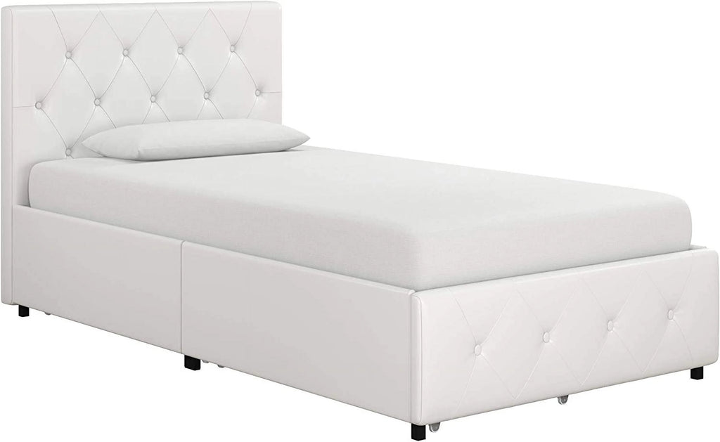 White Faux Leather Upholstered Platform Bed with Storage Drawers, Twin B8030