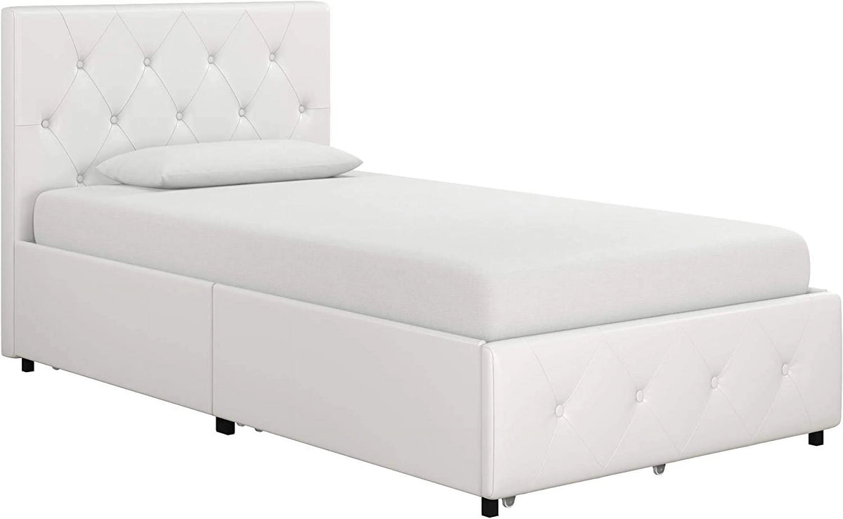 White Faux Leather Upholstered Platform Bed with Storage Drawers, Twin B8030