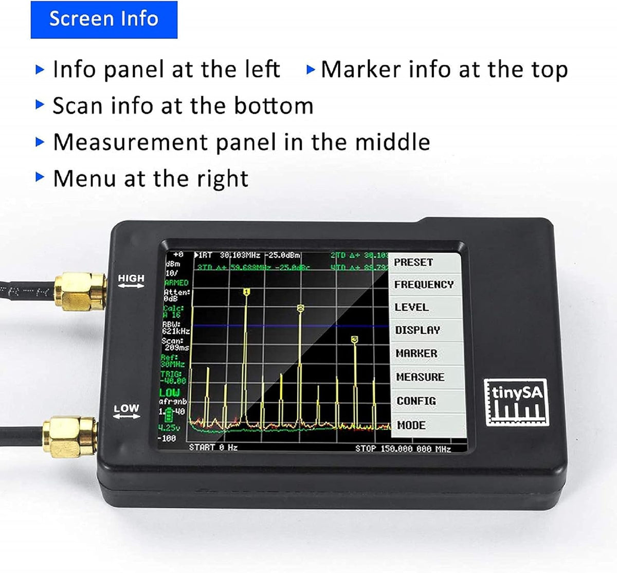 Portable Handheld Spectrum Analyzer with Antenna Cables & Attenuator 0.1MHZ-960MHz 2.8'' Touchscreen F44434