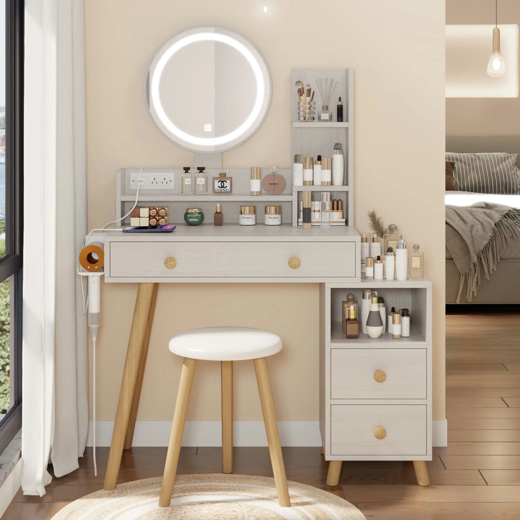 White Vanity Table with Lighted Mirror and Stool H96044