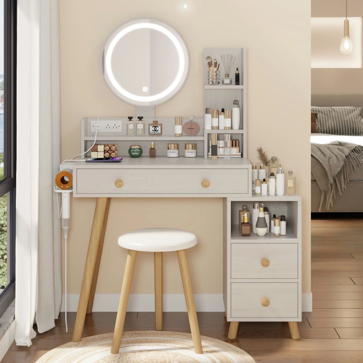 White Vanity Table with Lighted Mirror and Stool H96044