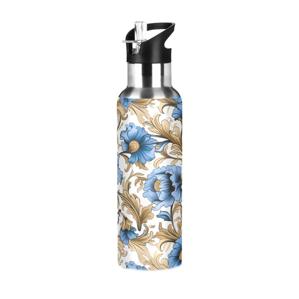 Blue Flowers Gold Leaves Stainless Steel Insulated Water Bottle A739
