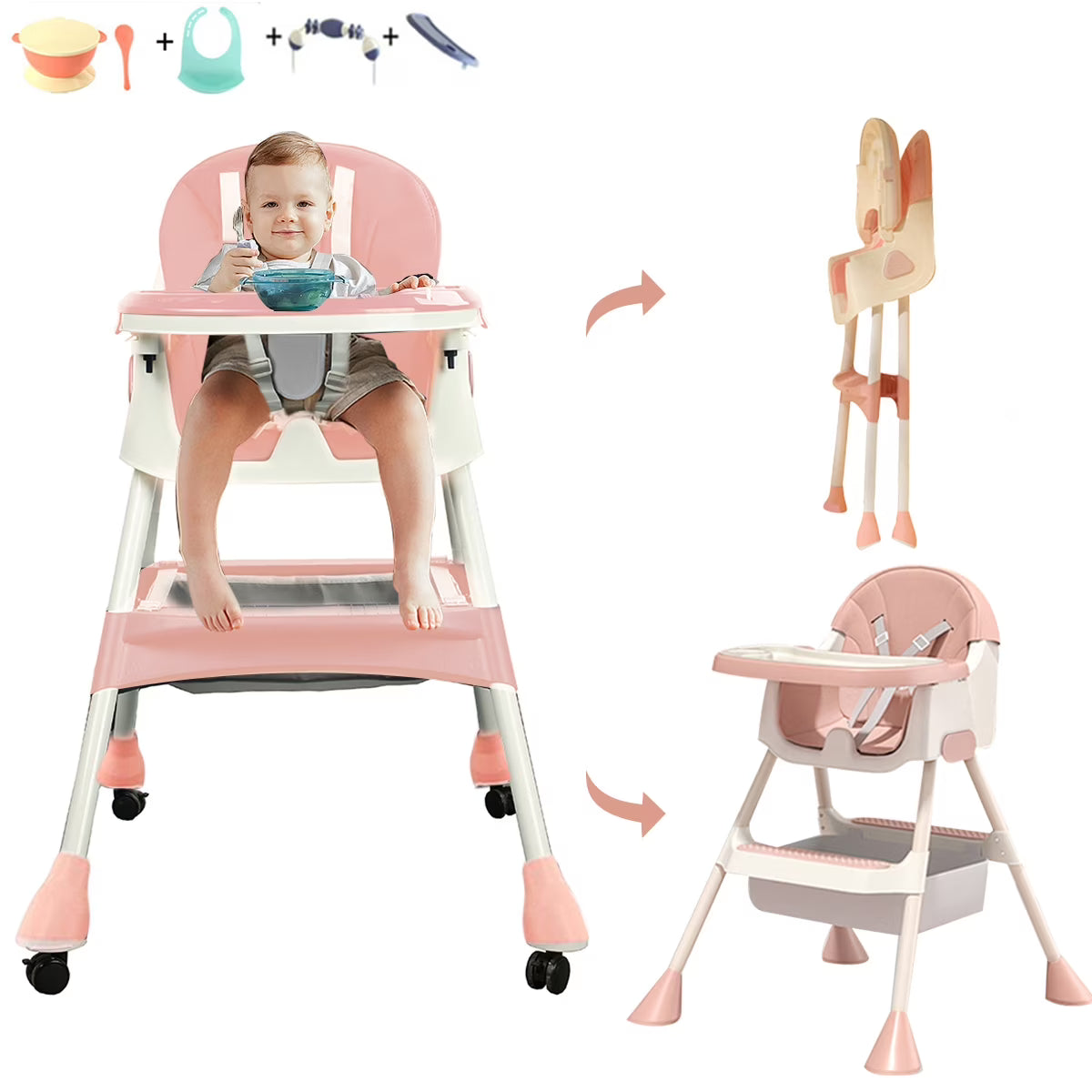 Pink 4-in-1 Baby Highchair with Five-Point Snap Button S8289