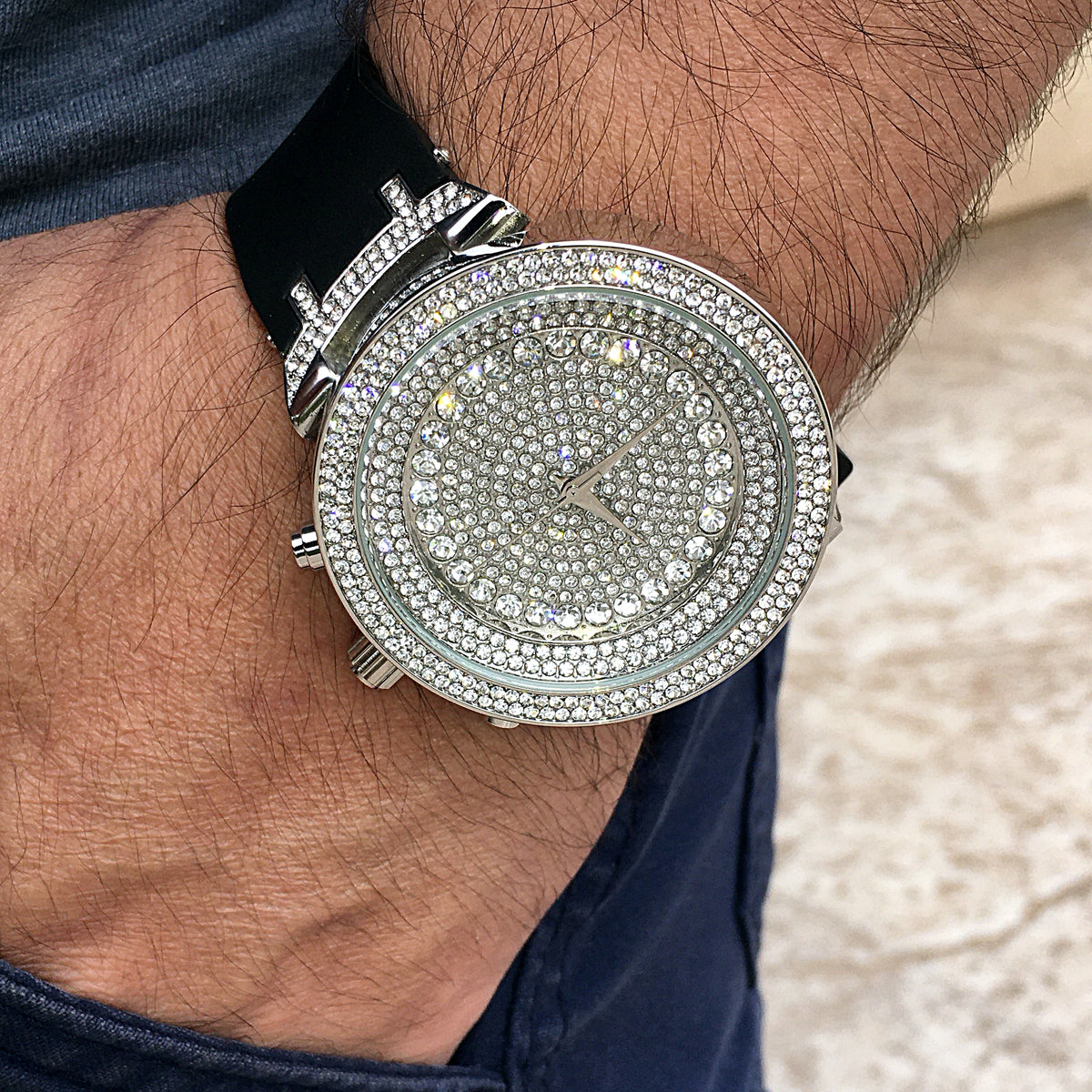 Silver Tone Hip Hop Watch with Black Band P14493