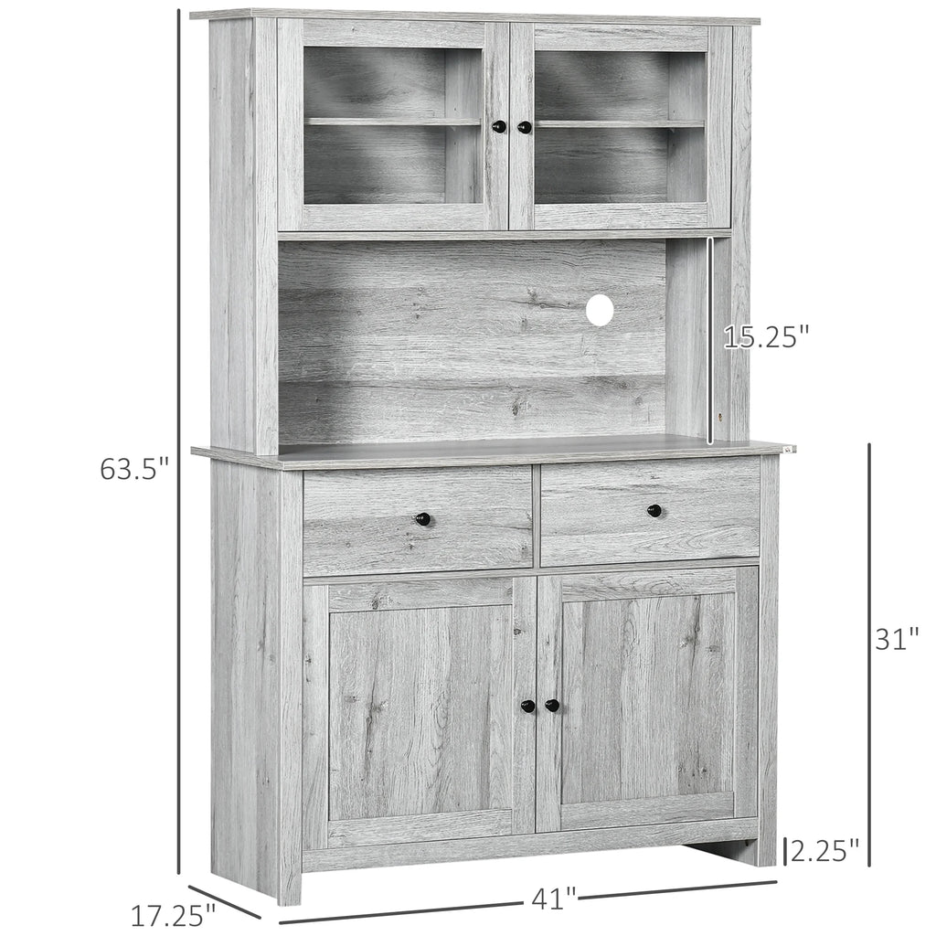 Ash Grey Kitchen Buffet with Hutch and Framed Glass Doors C5445
