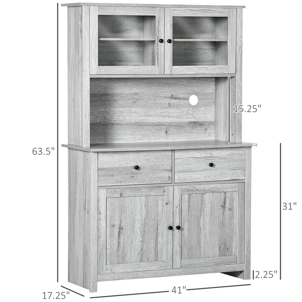 Ash Grey Kitchen Buffet with Hutch and Framed Glass Doors C5445