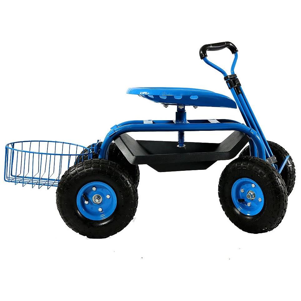 Blue Rolling Garden Cart with Extendable Steering Handle, Swivel Seat T359193