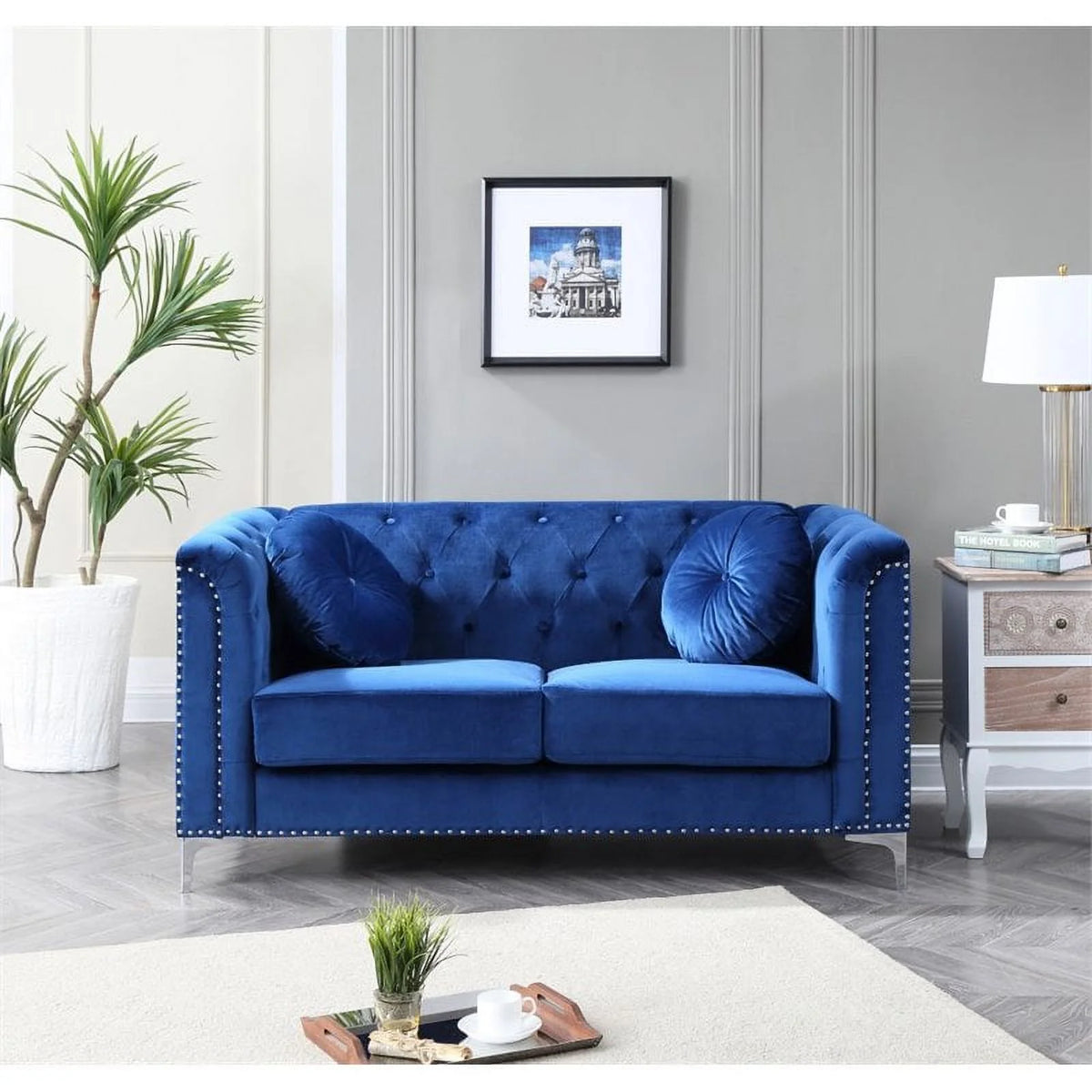 Velvet Sofa Chaise and Loveseat in Navy Blue Q70029