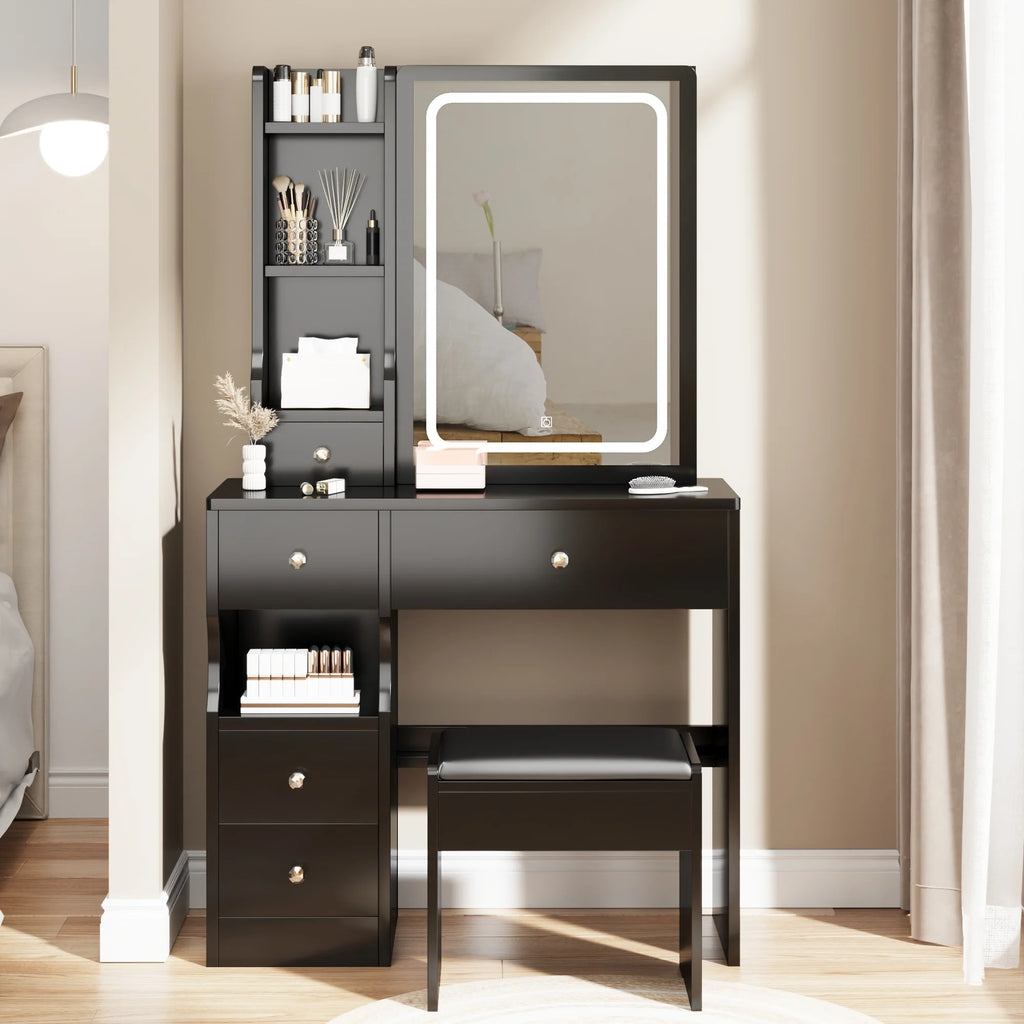 White Vanity Table with Lighted Mirror and Stool H96044