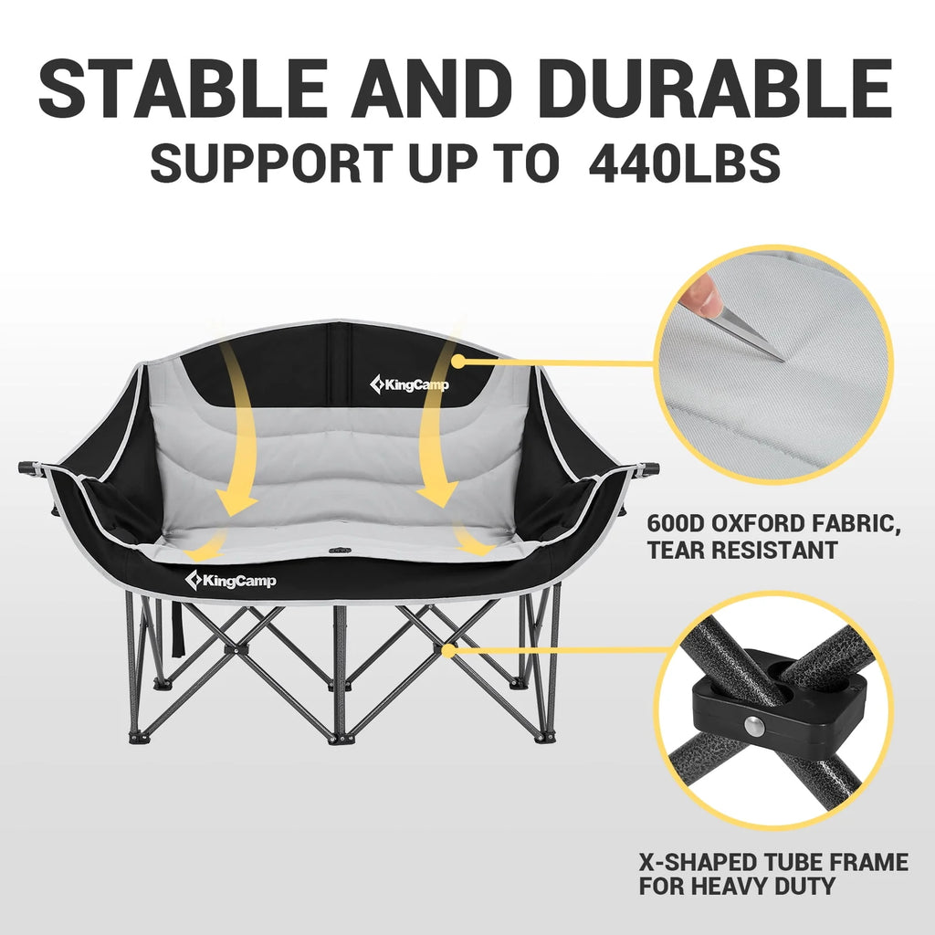 Kingcamp Loveseat Camping Chair for Adult Double Camping Chair Folding Chair for Two People Heavy Duty Support Up to 440 lbs（Black） B901166
