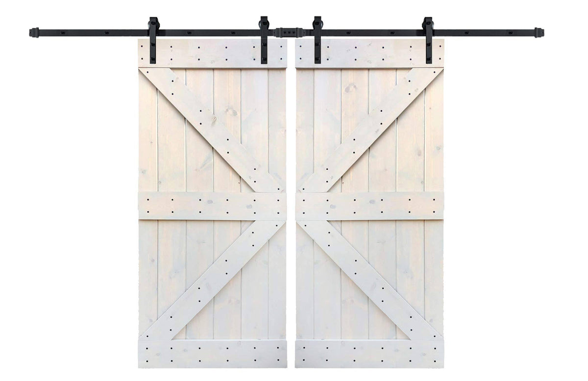 Light Grey Knotty Pine Wood Double Sliding Barn Door Slab with Hardware Kit Y9747