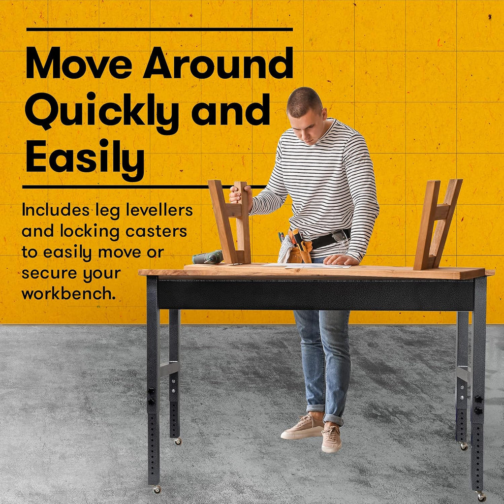 Acacia Wood Work Bench with Caster Wheels and Adjustable Height Legs T8517