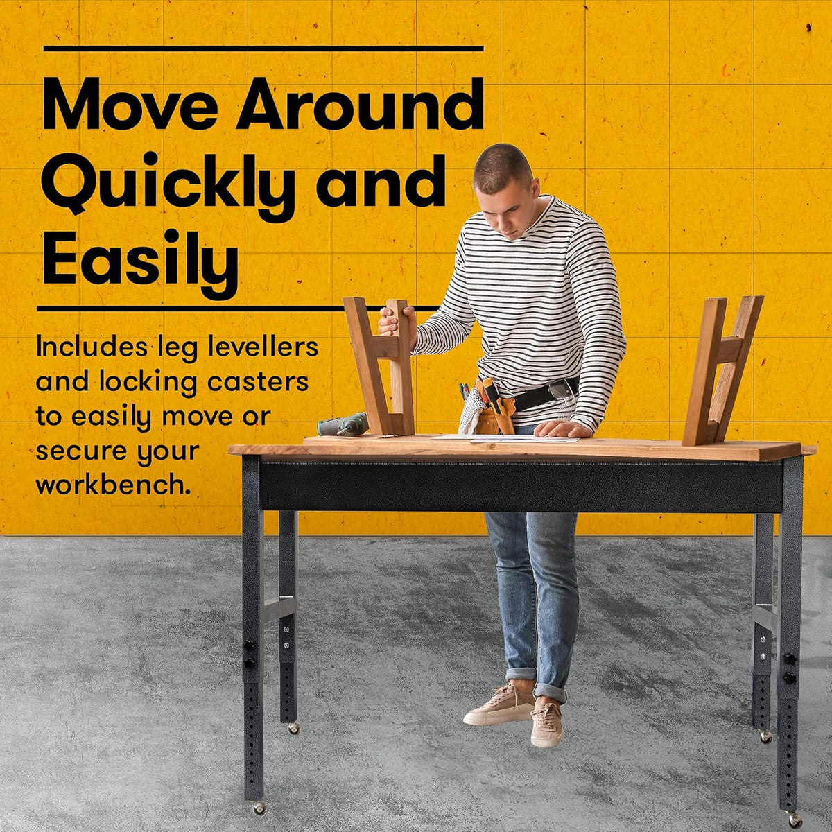 Acacia Wood Work Bench with Caster Wheels and Adjustable Height Legs T8517