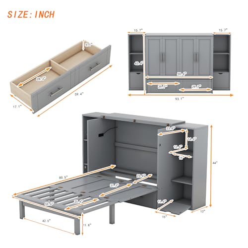 Queen Size Murphy Bed with Storage 2 Drawers and Shelves M93262