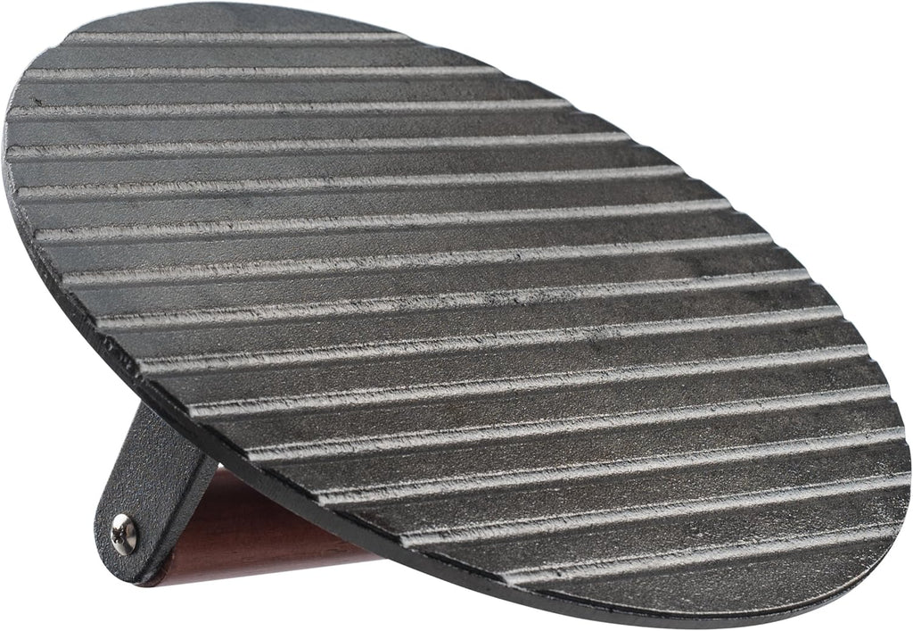 8.5-Inch Round Cast Iron Grill Press with Wood Handle H806536