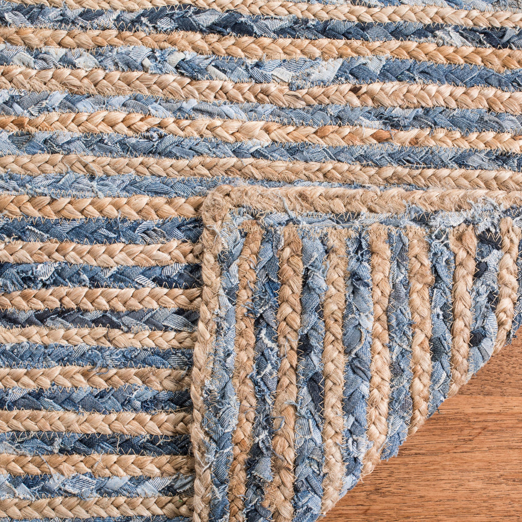 6' x 6' Round Natural Blue Braided Striped Jute Area Rug Q962091