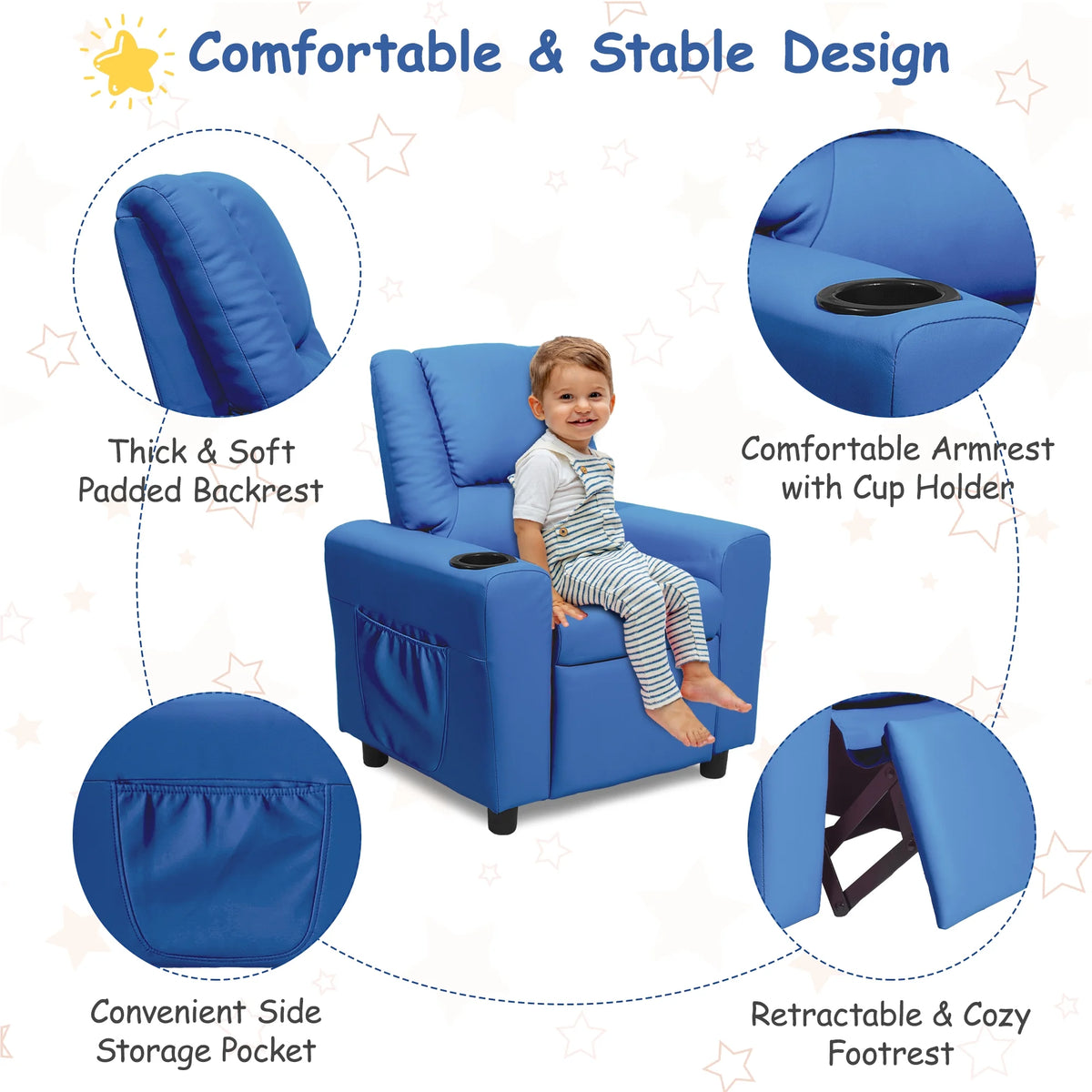 Kids Recliner Chair with Cup Holder Navy Blue O672