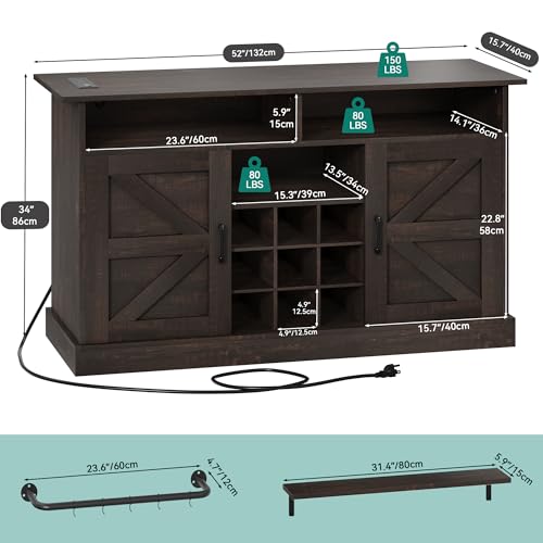 Rustic Brown Buffet Cabinet with Power Outlet and Floating Shelves B796654