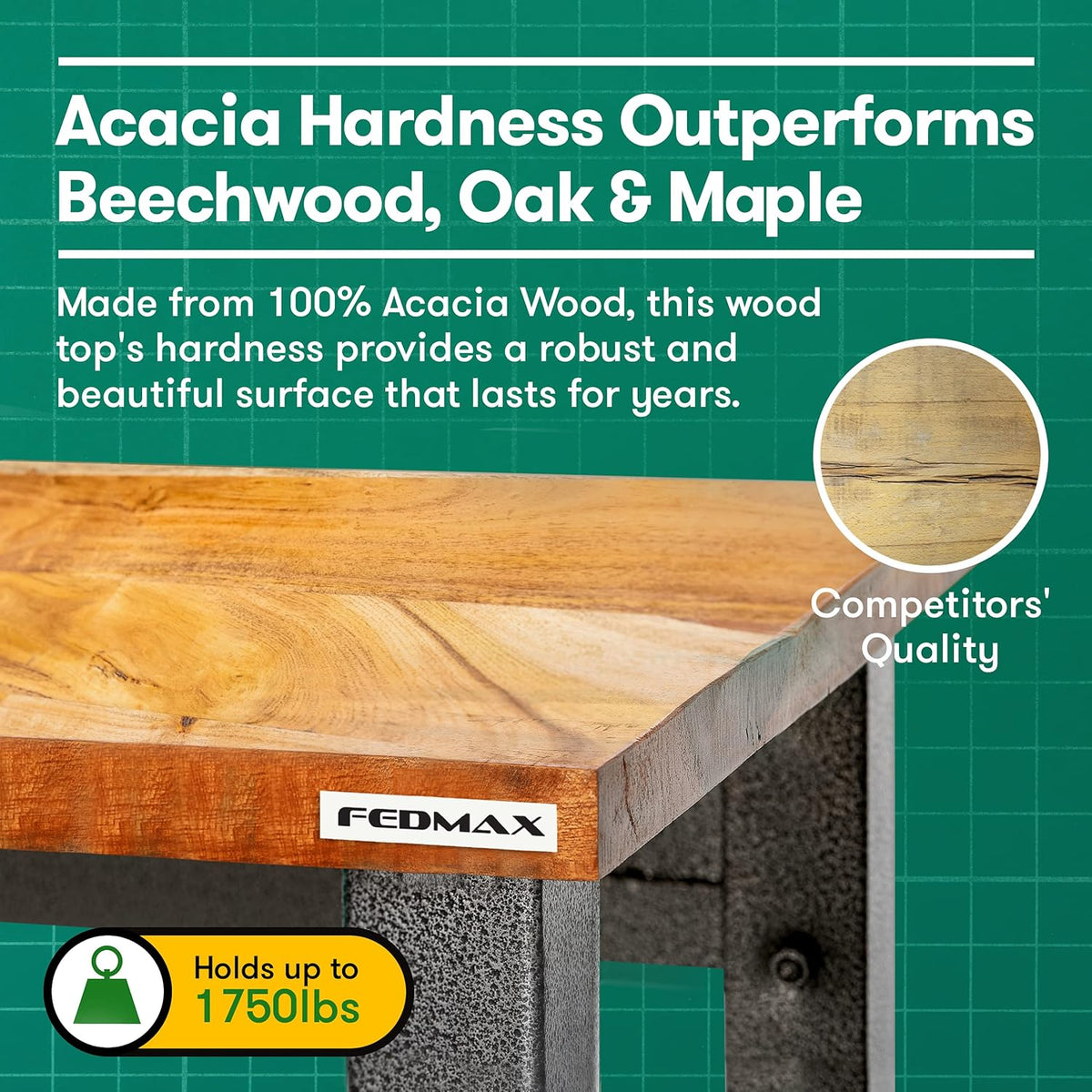 Acacia Wood Work Bench with Caster Wheels and Adjustable Height Legs T8517