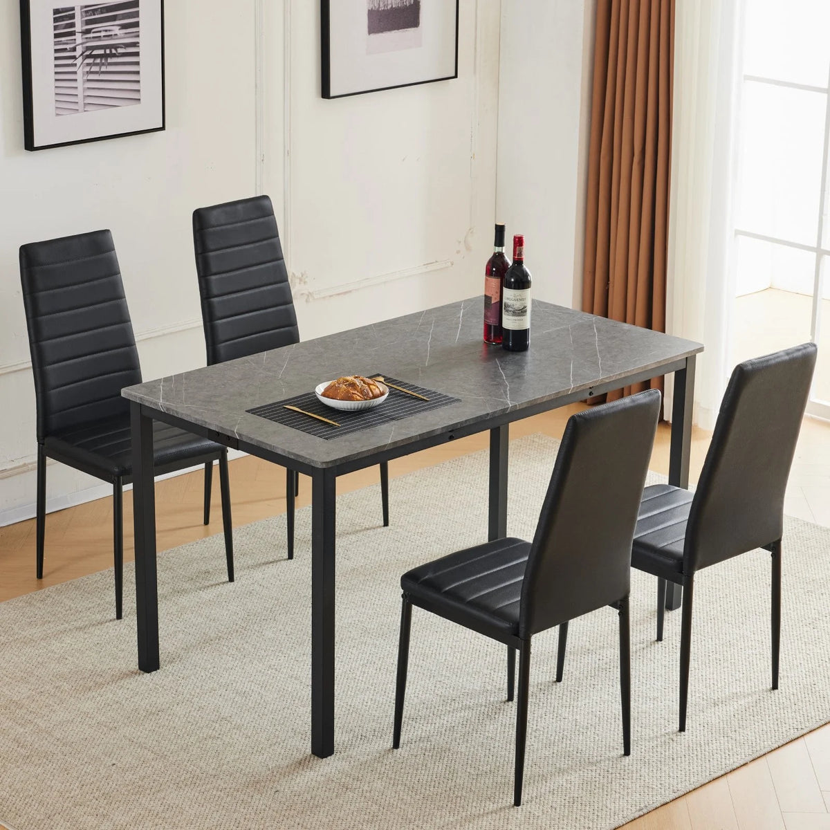 Black Faux Marble Dining Table Set for 6 I636207