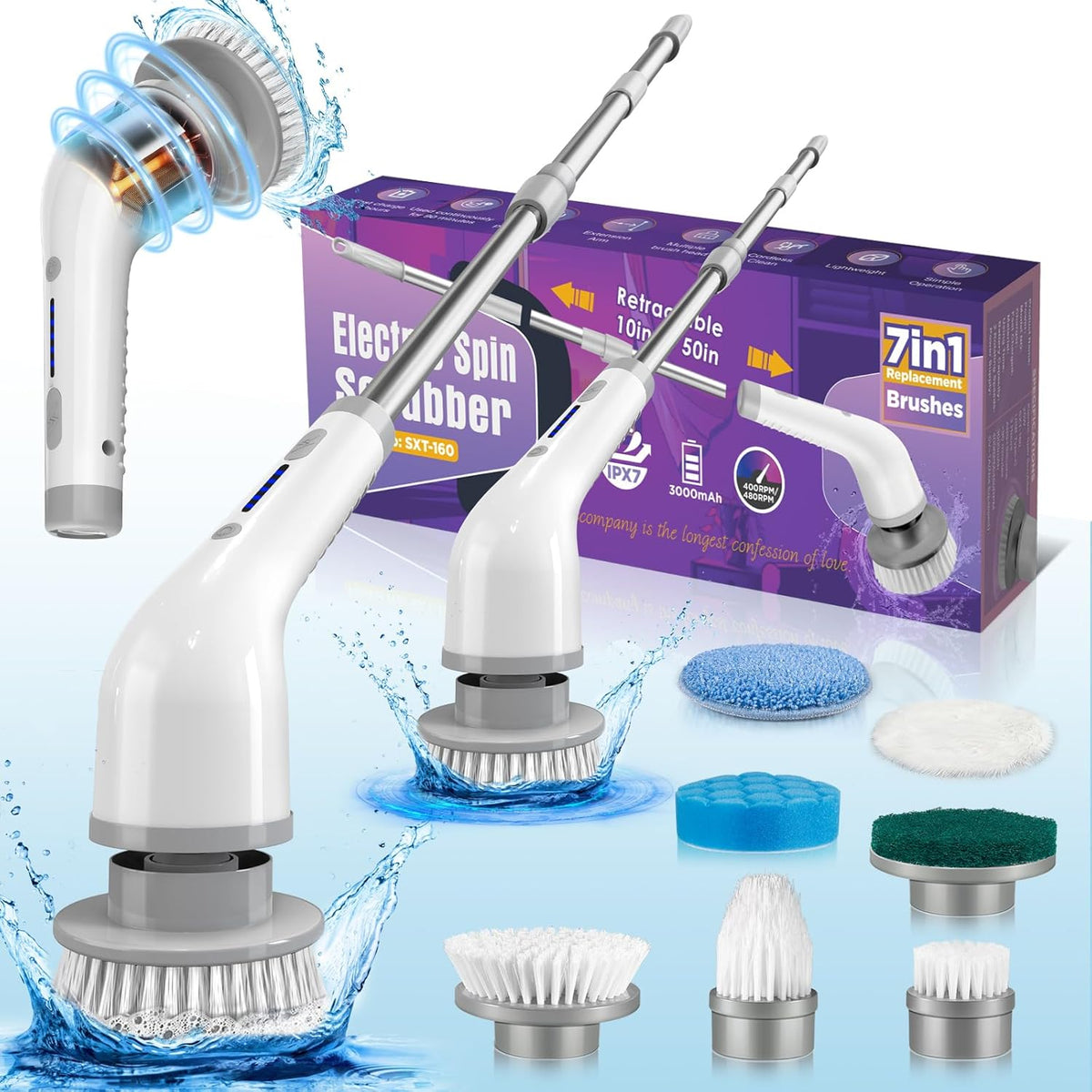 Gray Rechargeable Electric Spin Scrubber with 7 Brush Heads M2931