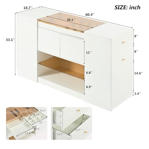 White Glass Top 6 Drawer Wooden Closet Storage Cabinet T10783