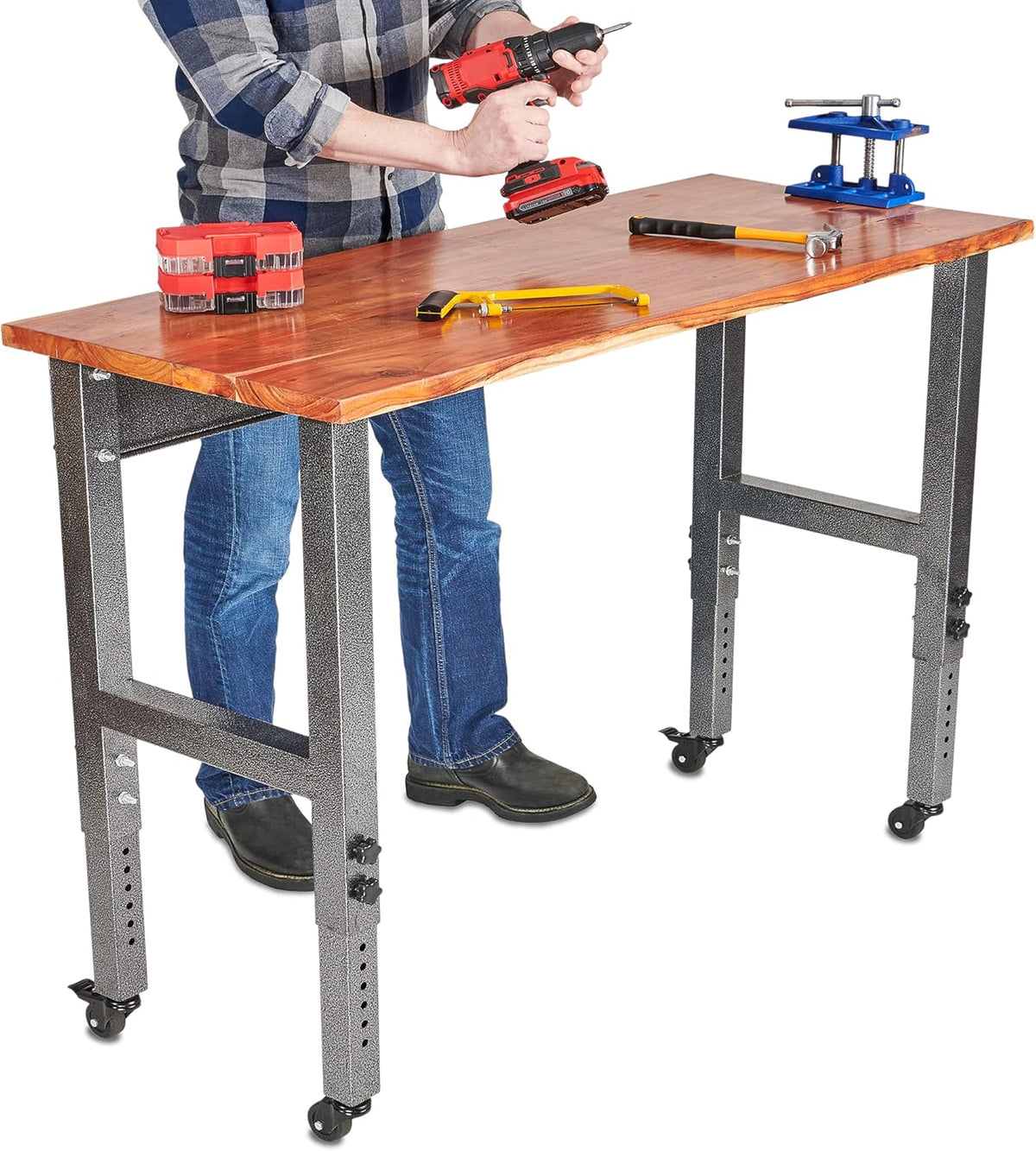 Acacia Wood Work Bench with Caster Wheels and Adjustable Height Legs T8517