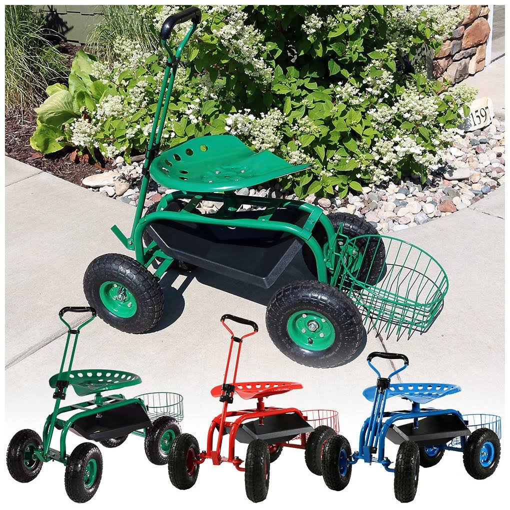 Blue Rolling Garden Cart with Extendable Steering Handle, Swivel Seat T359193