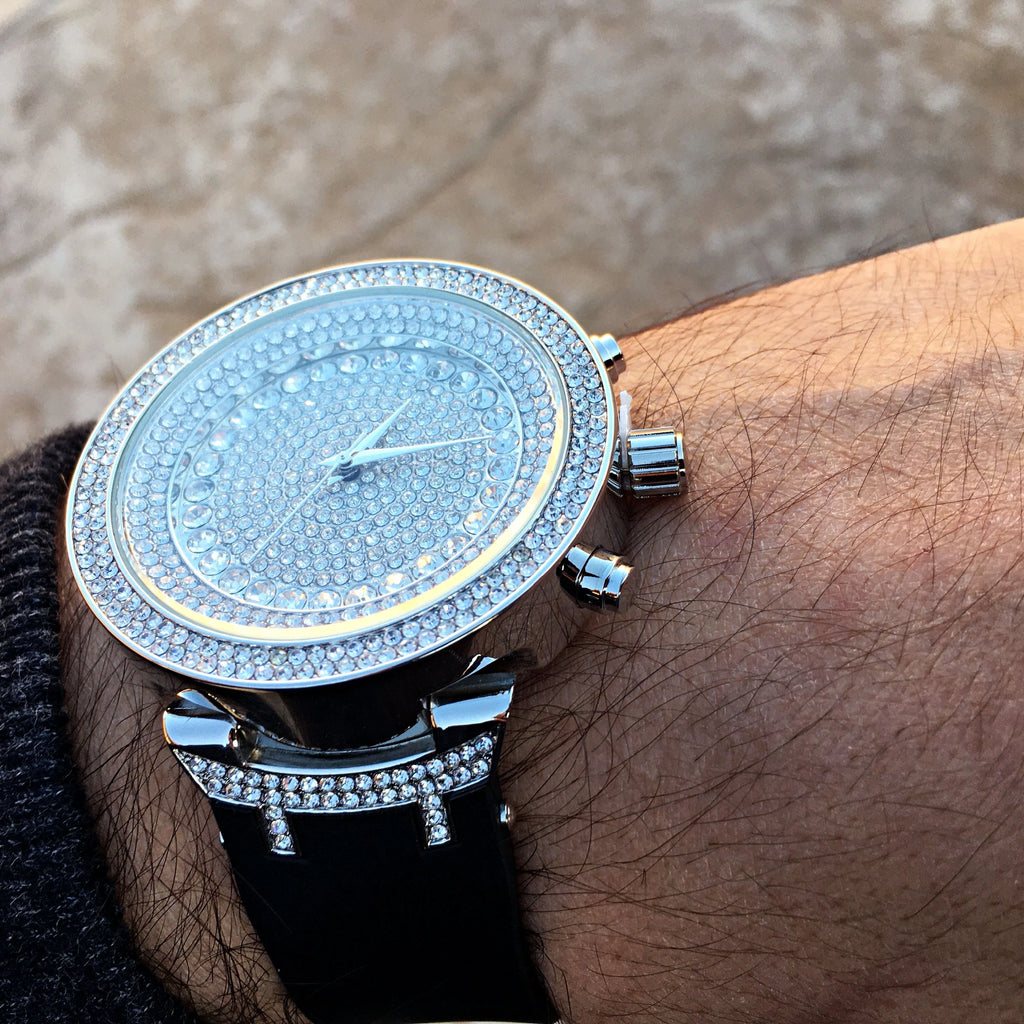 Silver Tone Hip Hop Watch with Black Band P14493