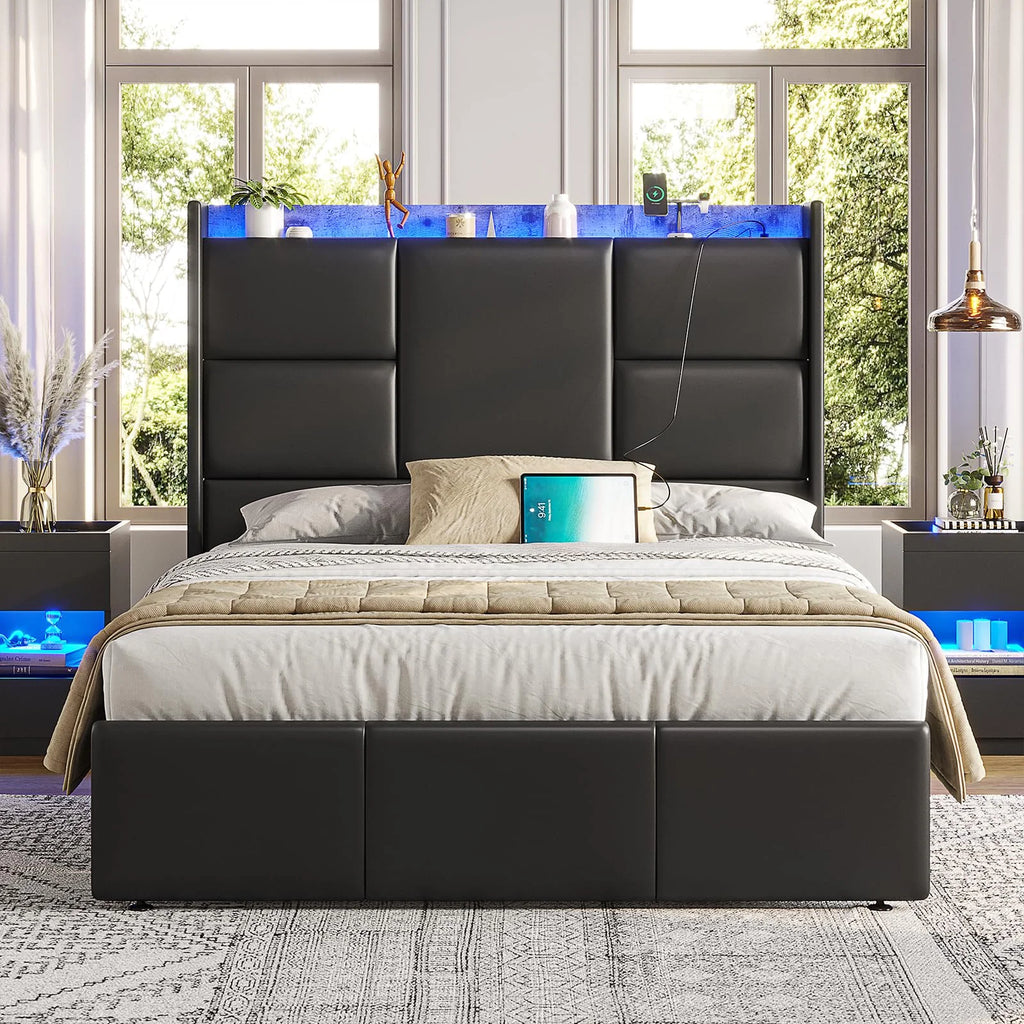 Queen Platform Bed Frame with High Headboard and Charging Station H50835