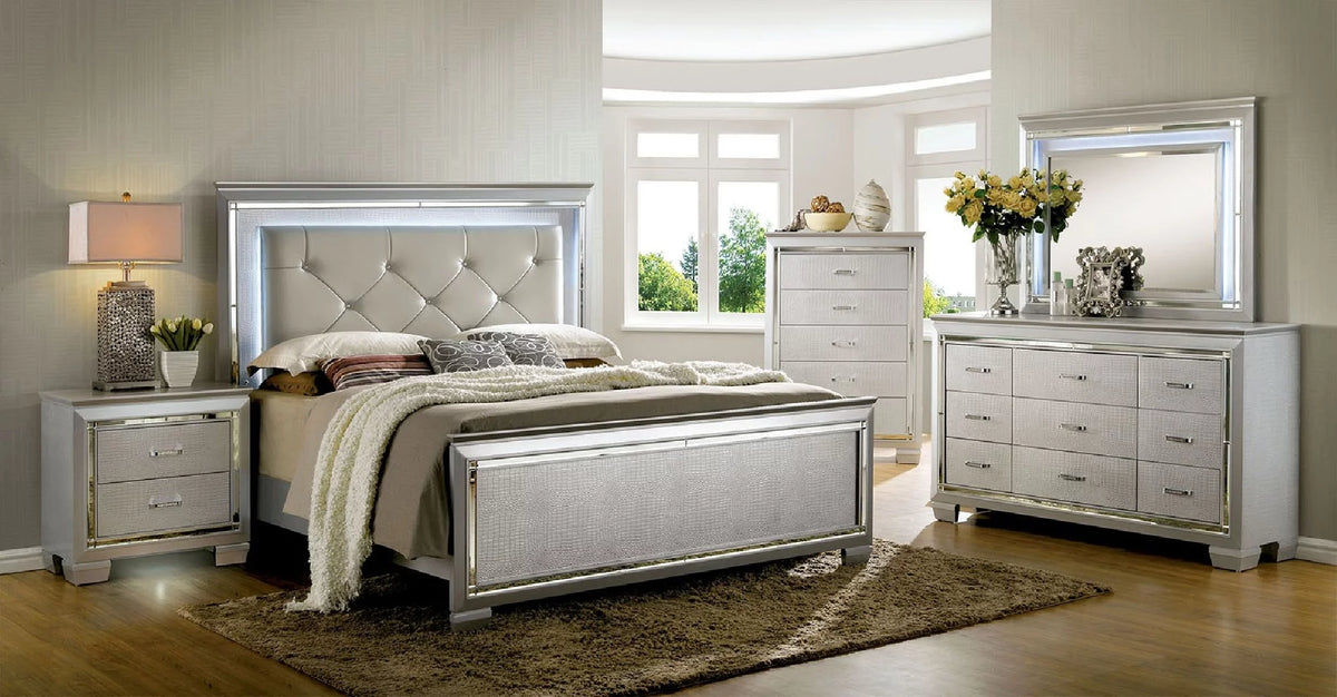 King Size Bed with Dresser Mirror Nightstands Chest Silver V21251