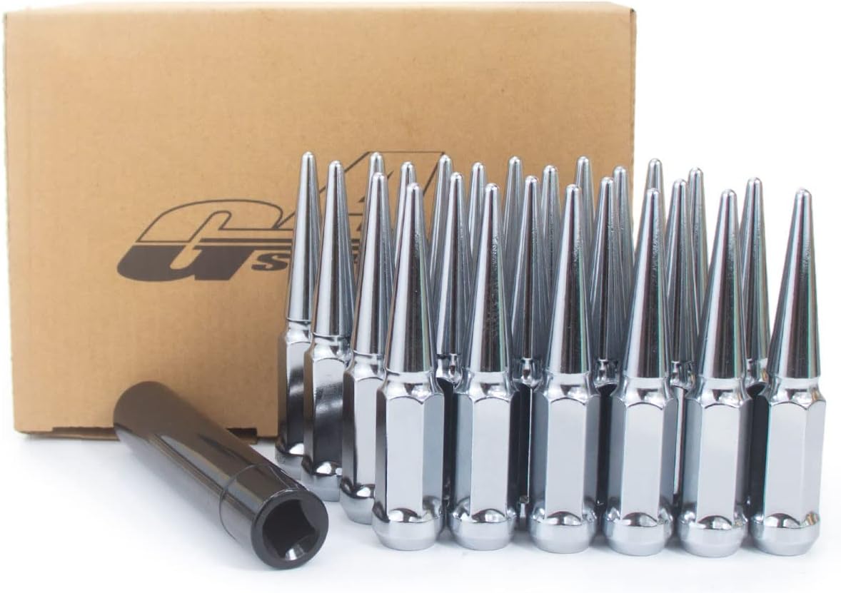 14x1.5 Chrome Spike Lug Nuts, Closed End Bulge Acorn, 3/4'' Hex Cone Seat, Set of 24+1 Key Z683