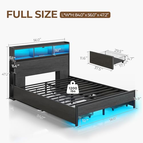Queen Bed Frame with Storage, 4 Drawer, USB Charging Station, LED Lights, Bookcase Headboard, Black I628466
