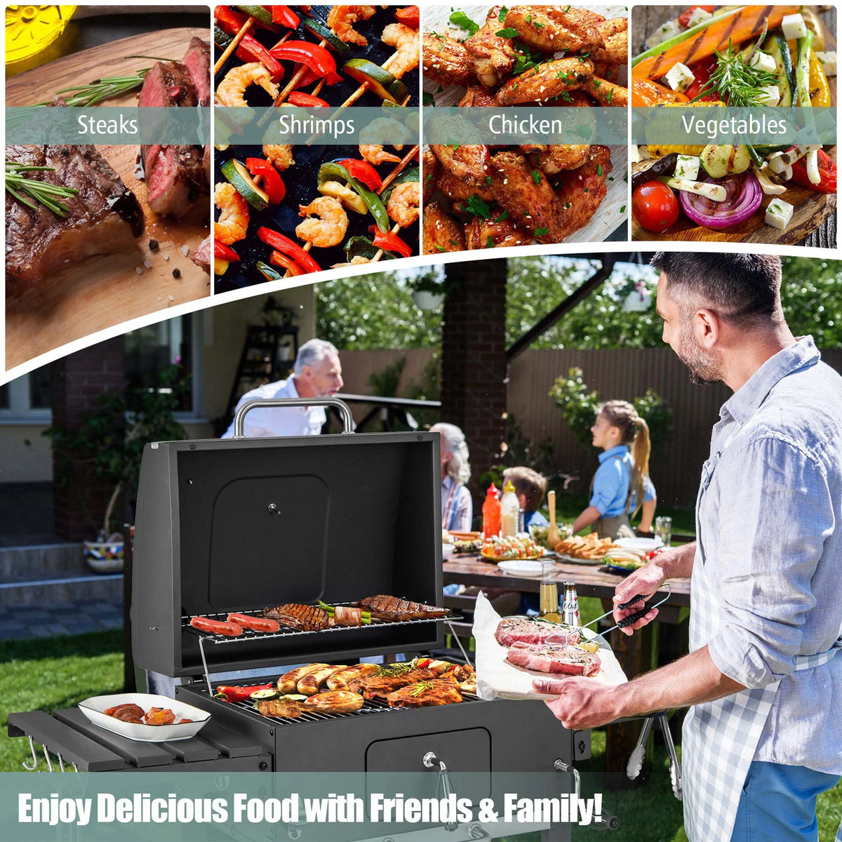 Outdoor Charcoal Grill with 2 Foldable Side Table T93905