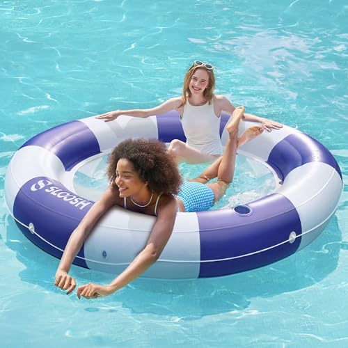Inflatable Pool Lounger Float with Mesh, Double Lounger Round Ring with Cup Holder G498147