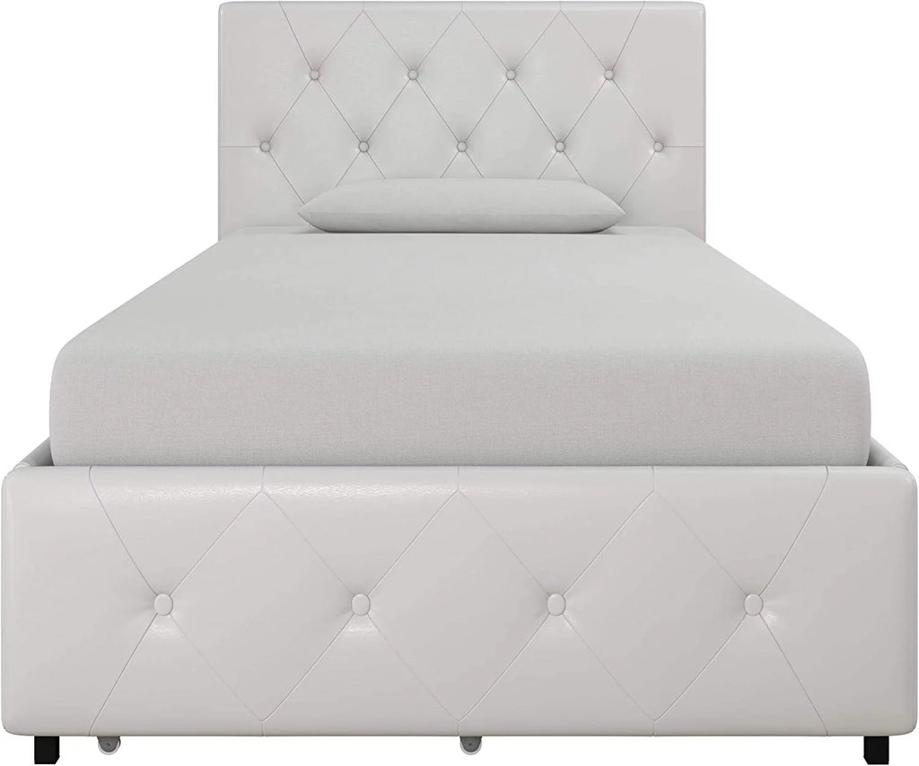 White Faux Leather Upholstered Platform Bed with Storage Drawers, Twin B8030