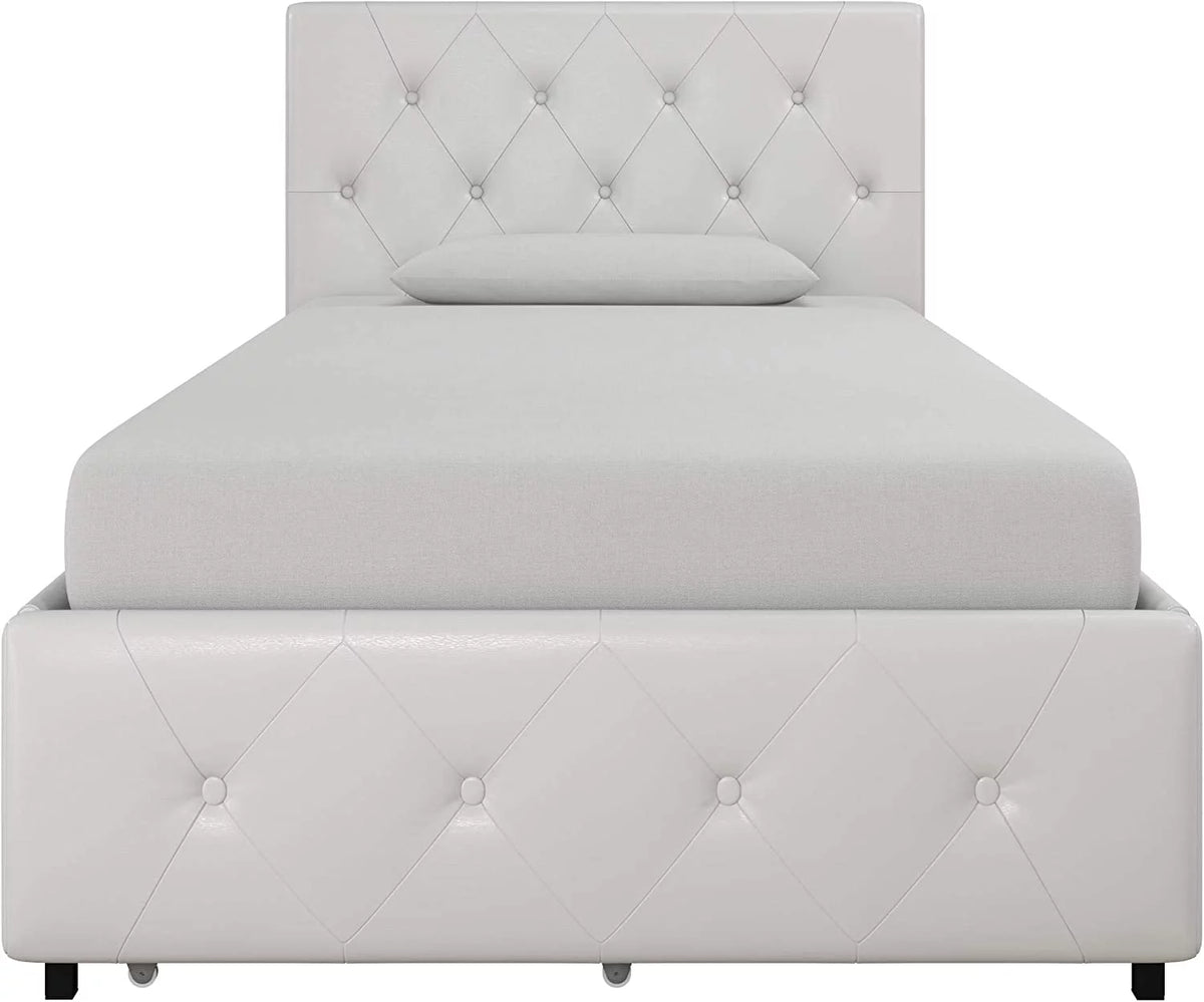 White Faux Leather Upholstered Platform Bed with Storage Drawers, Twin B8030