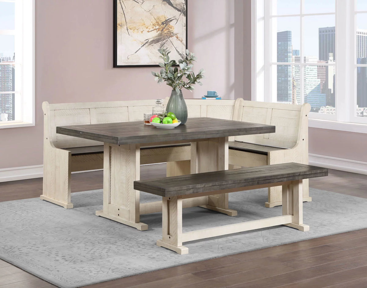 Off White Grey Wood Dining Table Set with Corner Storage Bench L950