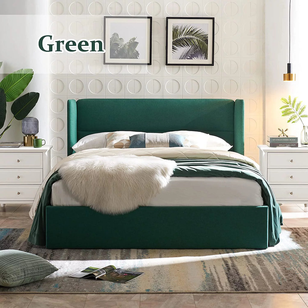 Queen Size Green Linen Upholstered Storage Bed Q642730