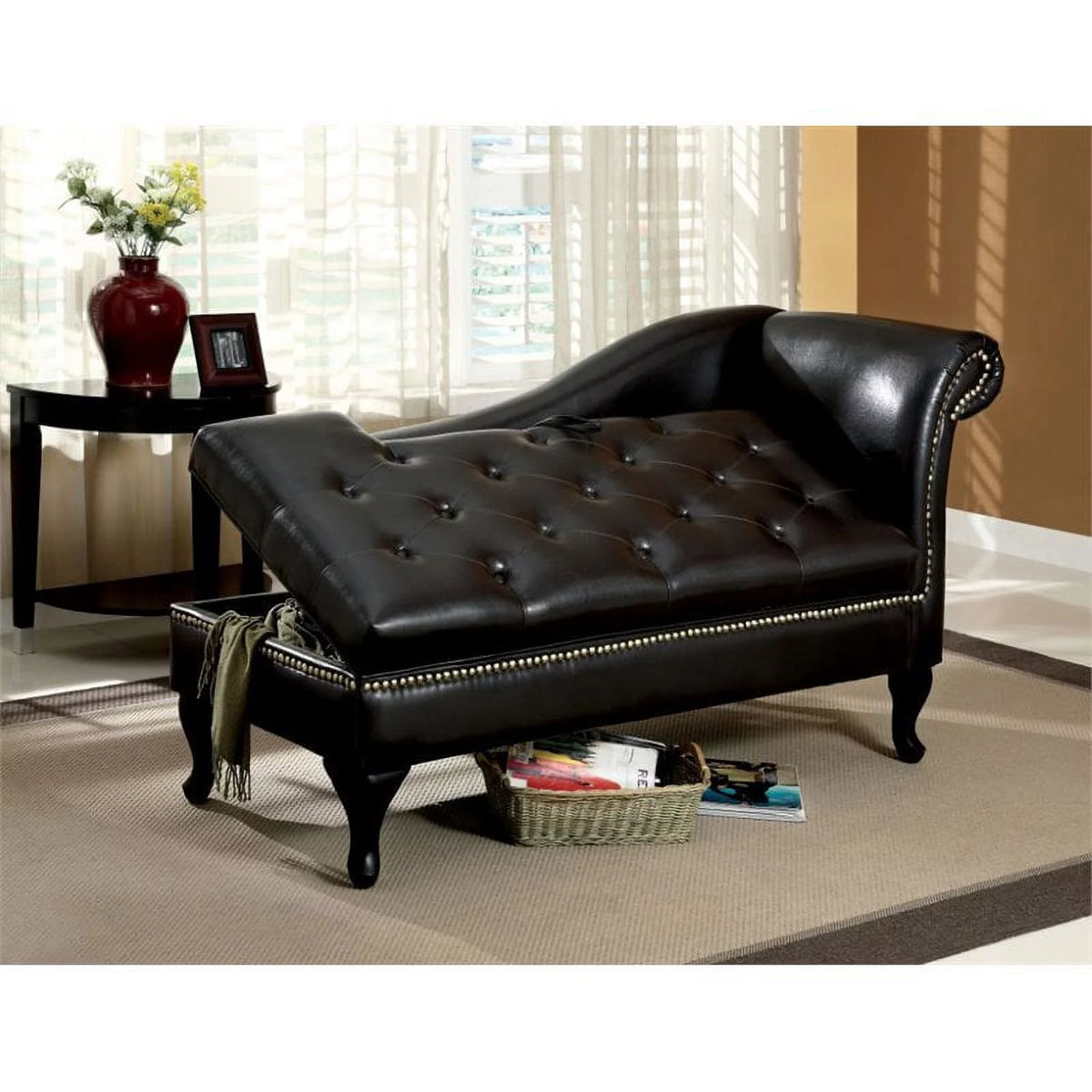 Black Faux Leather Tufted Storage Chaise Lounge D1223
