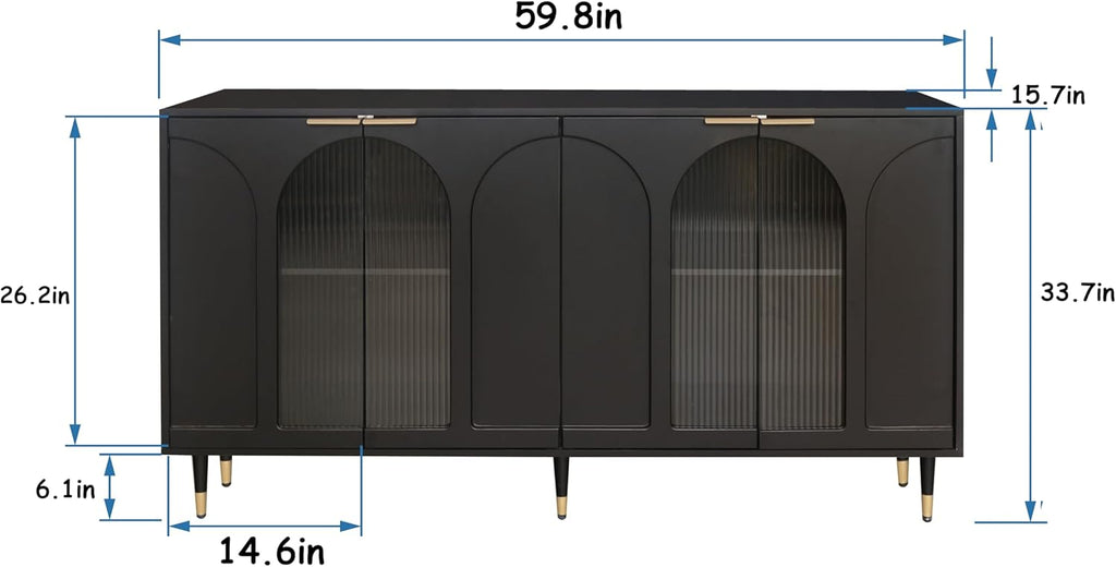 Black Lacquered Wood Buffet Cabinet with 4 Fluted Glass Doors and Metal Legs I621032