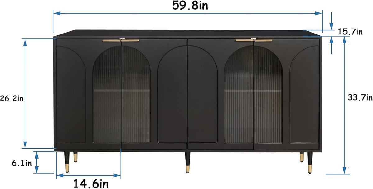 Black Lacquered Wood Buffet Cabinet with 4 Fluted Glass Doors and Metal Legs I621032