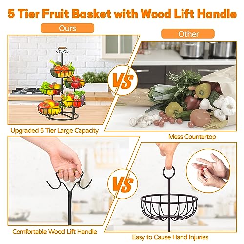 Black Metal Wire 5 Tier Fruit Basket with Banana Hanger X8729