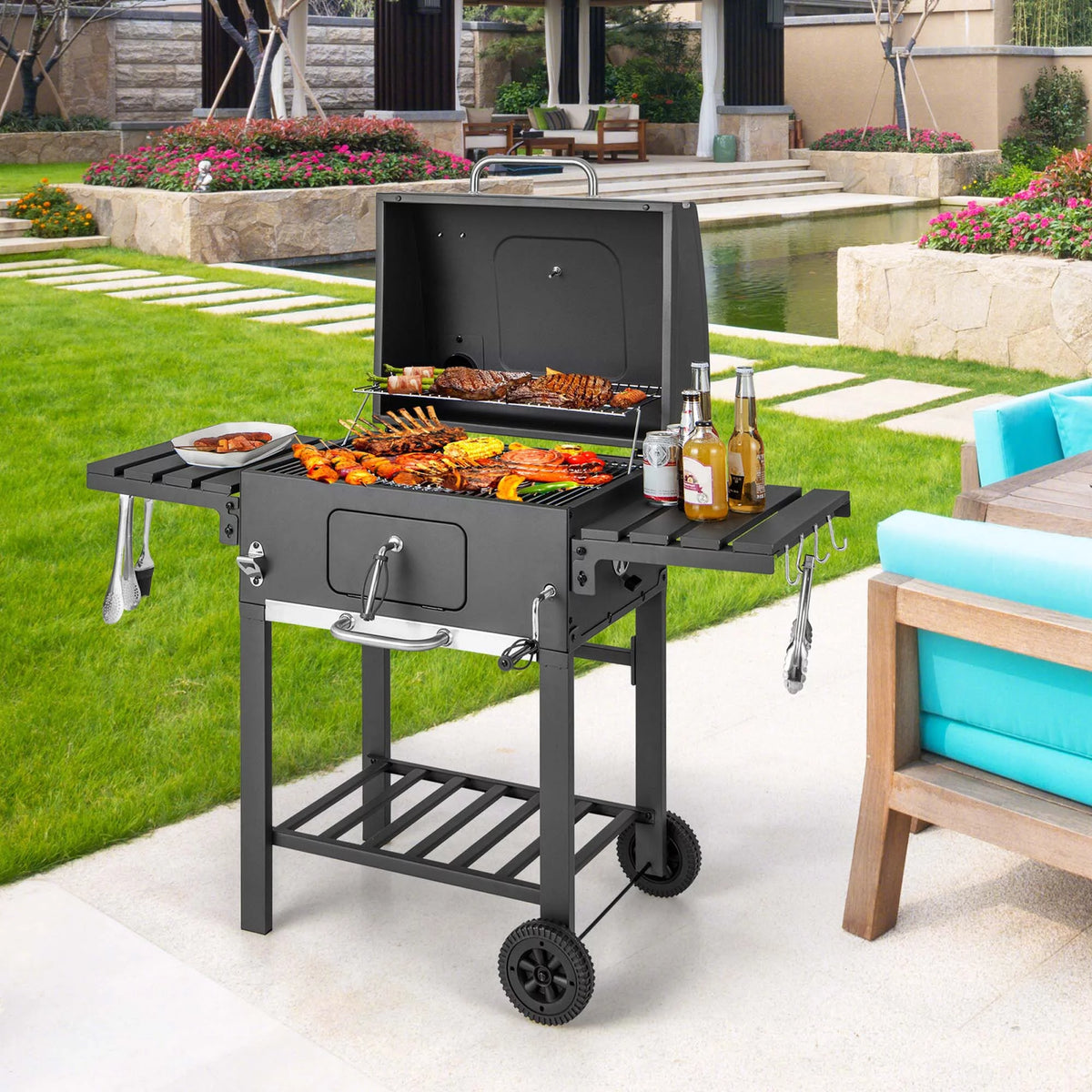 Outdoor Charcoal Grill with 2 Foldable Side Table T93905