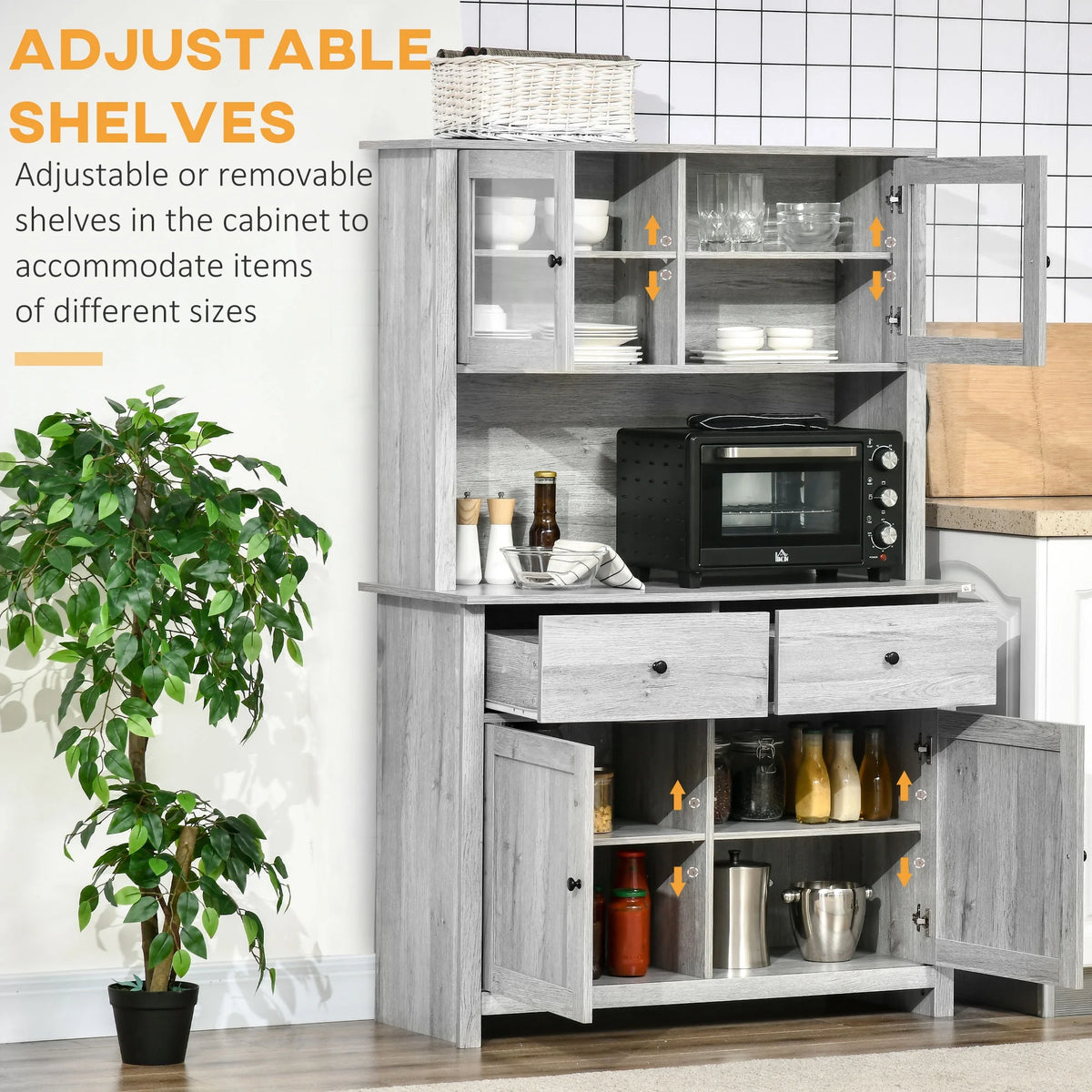 Ash Grey Kitchen Buffet with Hutch and Framed Glass Doors C5445