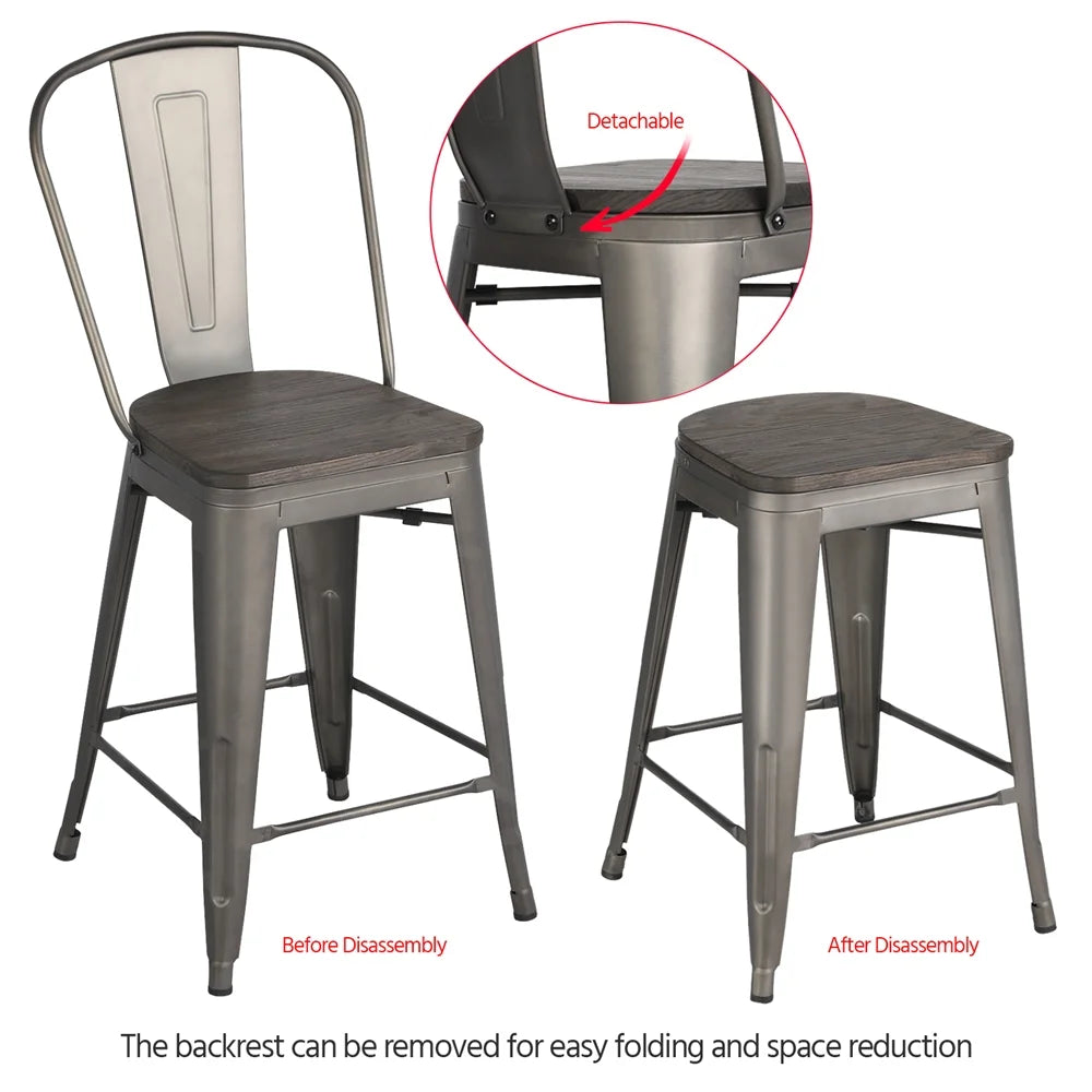 4pcs Industrial Metal Bar Stool with Solid Wood Seat E533872